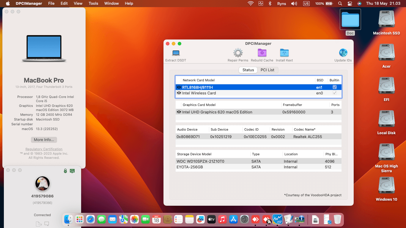 Success Hackintosh macOS Ventura 13.3 Build 22E252 in Acer Aspire E5-476G-56VN